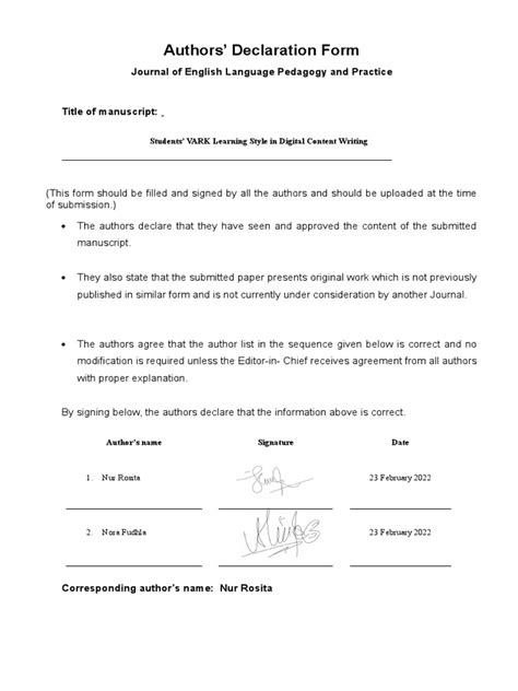 Image result for Author Declaration Example