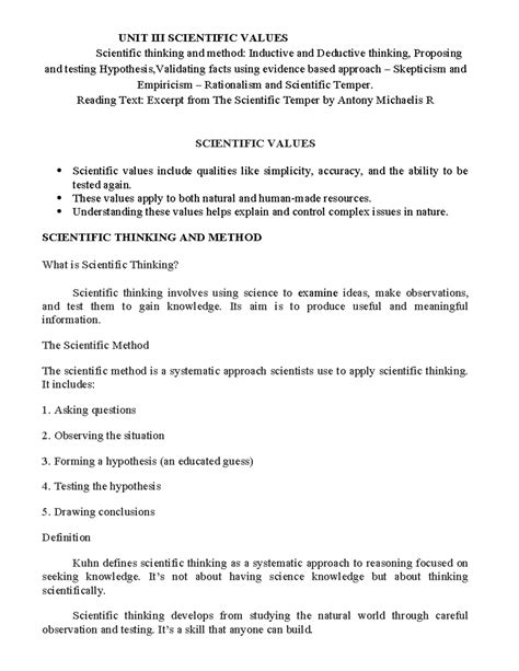UNIT III - Scientific Values and Thinking: Inductive & Deductive ...