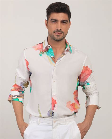 Rare Rabbit Men's Painter White Viscose Abstract Print Regular Fit Ful