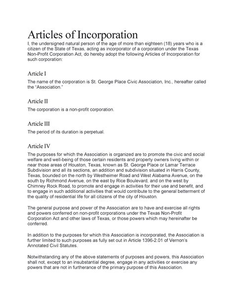 Articles Incorporation Template