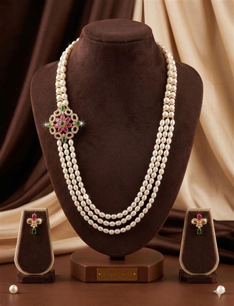 White Pearl Side Brooch Necklace Set Pink Green | Original Pearls ...