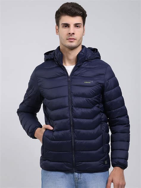 Buy Men Navy Blue Solid Hooded Full Sleeve Heating Jacket Online in ...