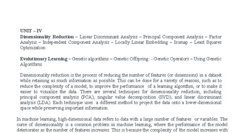 ML Unit IV: Dimensionality Reduction Techniques and Applications - Studocu