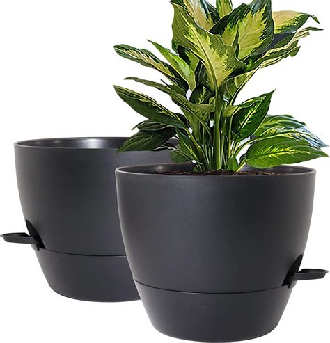 WOUSIWER 10 inch Self Watering Planters, 2 Pack Large Plastic Plant ...
