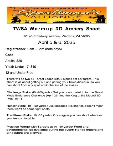 Warm Up 3D Archery Shoot, 26143 Broadway Ave, Warrens, WI, 5 April to 6 ...
