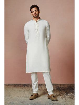 Buy Manyavar Off White & Cream Full Sleeves Kurta with Pencil Pajama ...