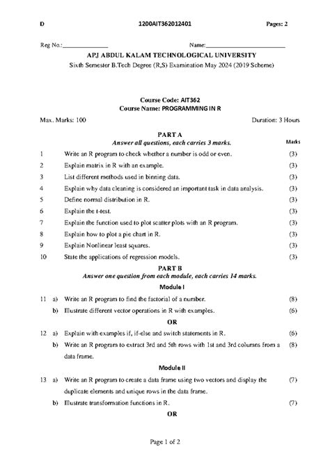 AIT362 Programming in R - Question Paper May 2024 - Studocu