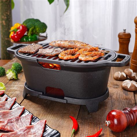 Mini Table Top Hibachi Grills Oval Cast Iron Grill Outdoor, Portable