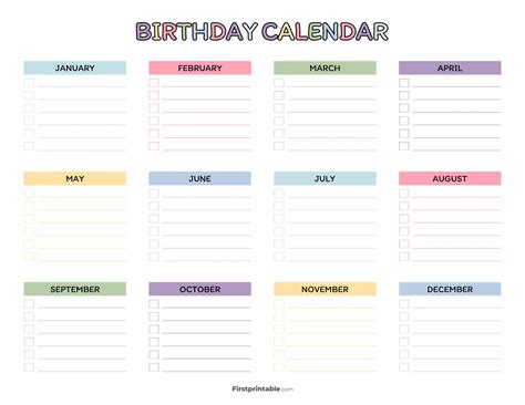 Monthly Birthday Calendar Printable Free Printable Birthday Calendar
