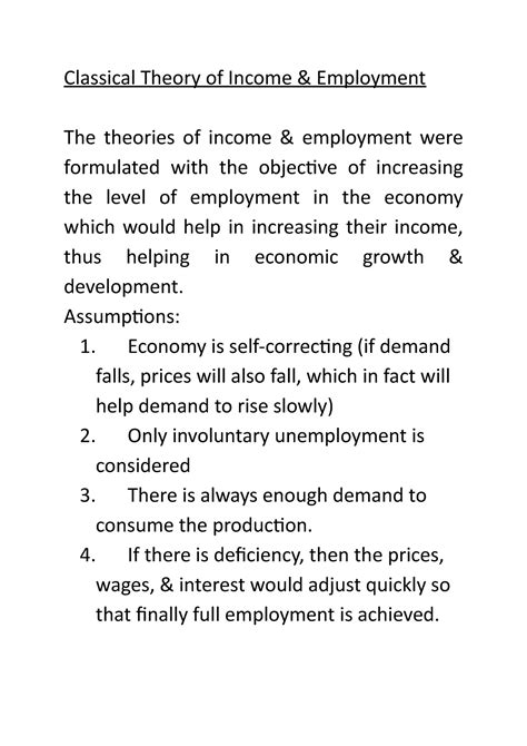 Classical theory - Assumptions: 1. Economy is self-correcting (if ...