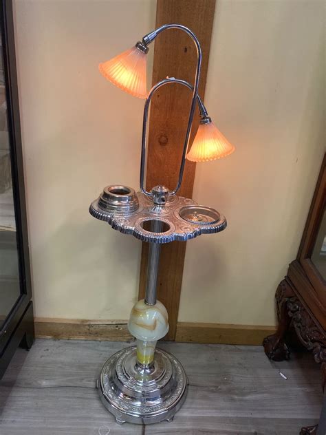 Vintage Smokers Ash Tray Lamp Stand With Art Glass Swirl Base