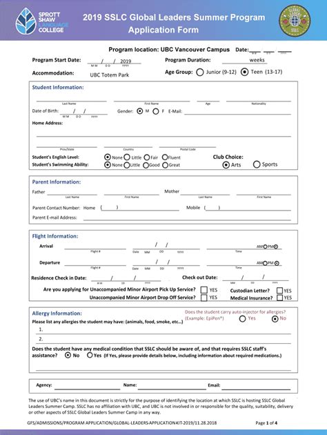Fillable Online 2019 SSLC Global Leaders Summer Program Application ...