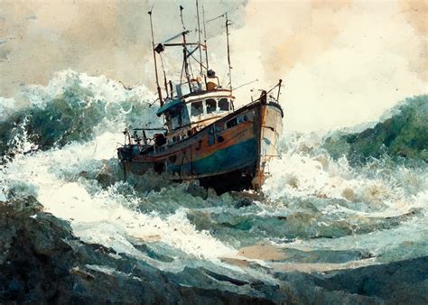 Vintage Painting Fishing Boat Waves Stormy Sea | Printable Digital Downloadable Artwork | Retro ...