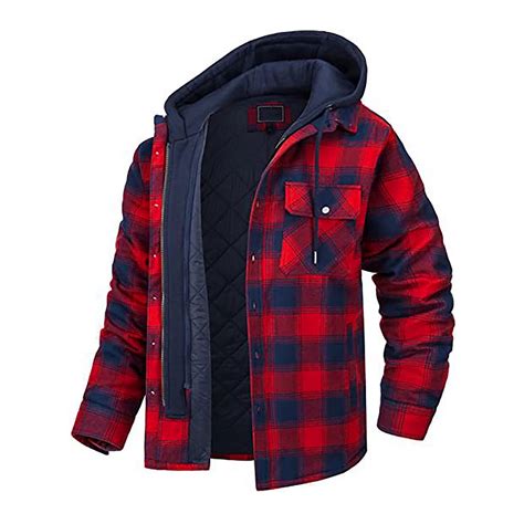Penkiiy Hooded Plaid Jacket Men Button Casual Hooded Zipper Thicken ...