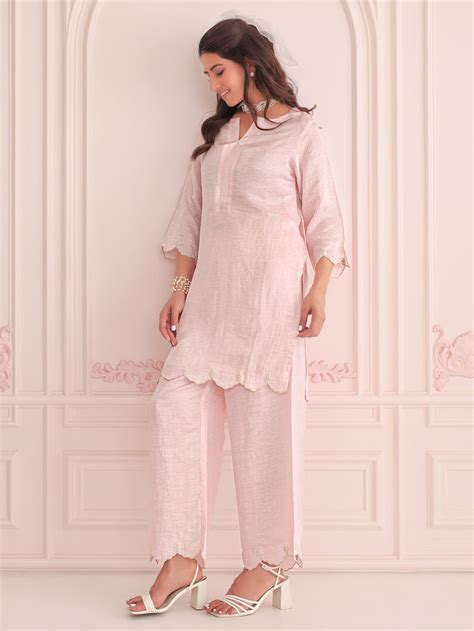 Pink Embroidered Linen Satin Co-ord Set- Set of 2