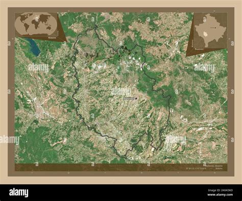 Rahovec, municipality of Kosovo. Low resolution satellite map. Locations and names of major ...