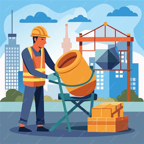 Trabajador de la construcción trabajando con un personaje de dibujos animados de un tambor de ...