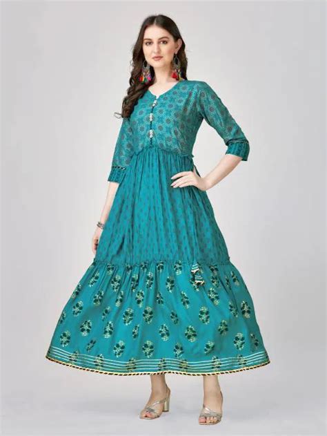 Buy ARADHNA Women Frilled Blue Rayon Anarkali Kurta Online at Best ...