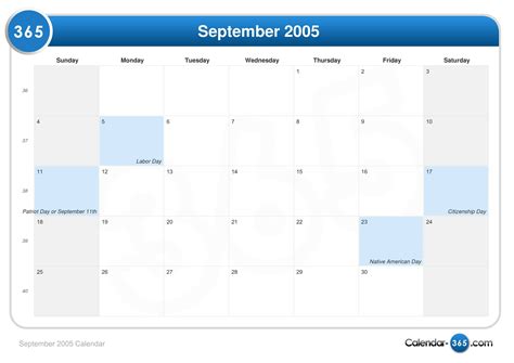 September 2005 Calendar