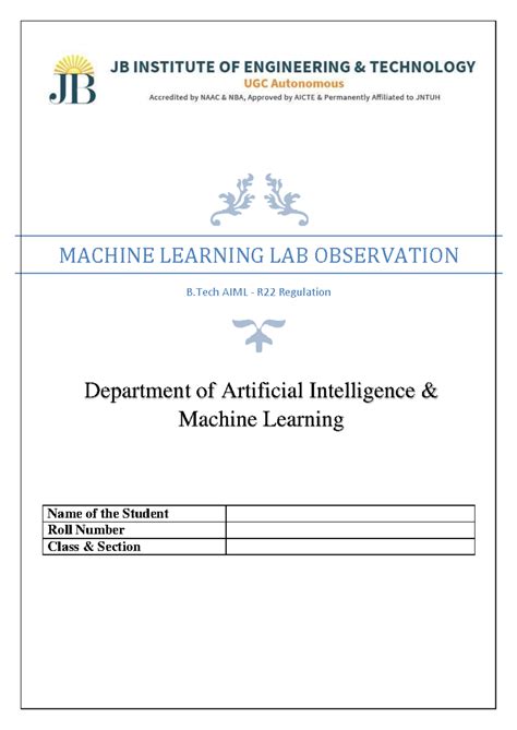 ML Lab Manual - MACHINE LEARNING LAB OBSERVATION B AIML - R2 2 ...