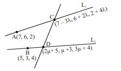 A line L 1 with direction ratios langle-3,2,4 rangle passes through the ...