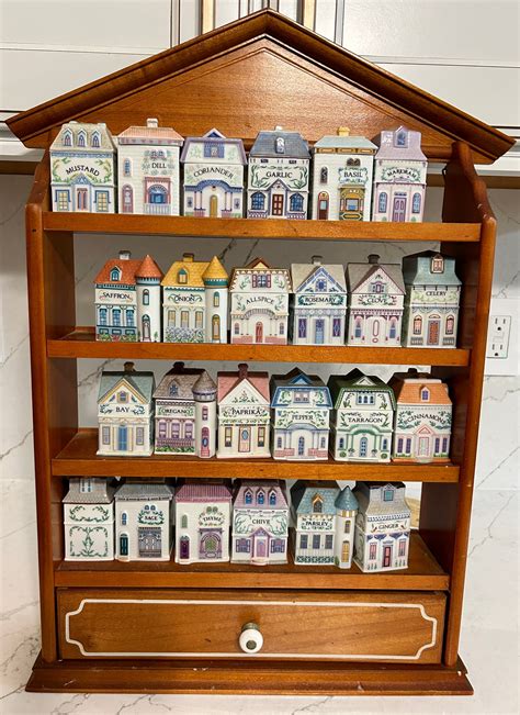 Lenox Porcelain Spice Village Jars And Wooden Spice Rack, 25 Piece Lot ...