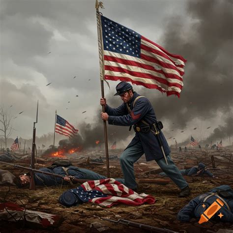A Union soldier plants a tattered American flag on a Civil War ...
