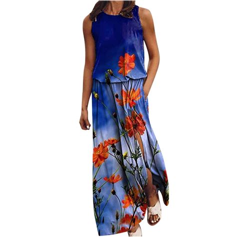 USSUMA Beach Dresses for Women Casual Summer Side Split Ruffle Long ...