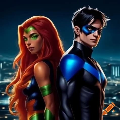 Starfire and nightwing ready for action against nighttime cityscape ...