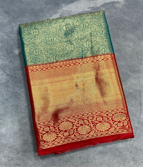 Fancy Tissue Saree Light Green Colour with Red Colour Floral Design Bo ...