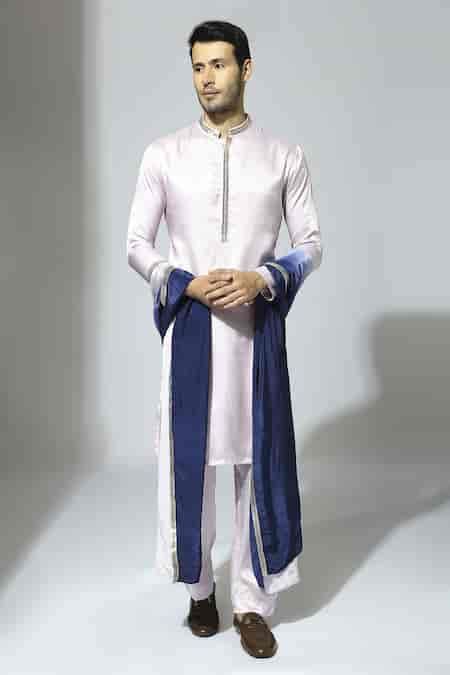 Buy Purple Gingham, Silk Lace Pastel Kurta Set With Ombre Stole For Men ...