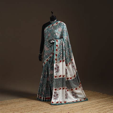 Green Modal Silk Hand Block Sanganeri Print Saree