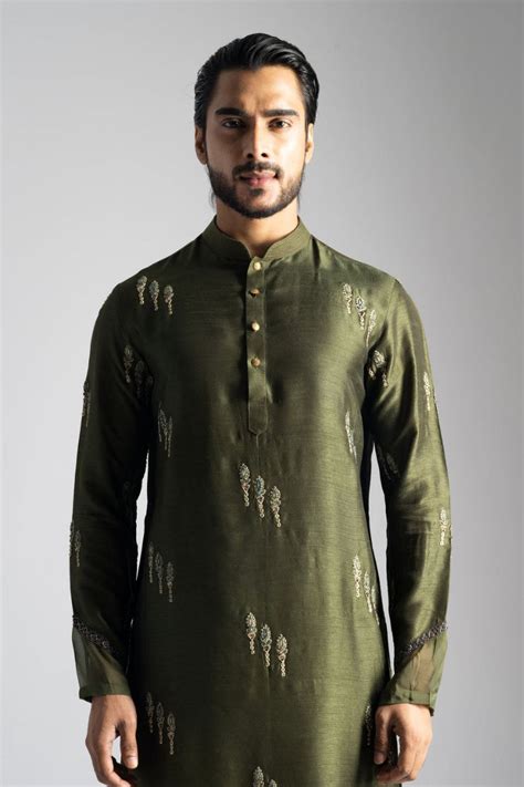 TRENDY OLIVE GREEN LINEN SATIN CUTDANA & FLORAL EMBROIDERED KURTA PAJA ...