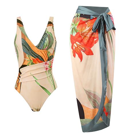 Jamicy Women's One Piece Swimsuit with Cover up Skirt Retro Floral ...