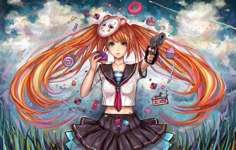 Download wallpaper girl, gun, weapons, mask, art, sweets, red, donut ...