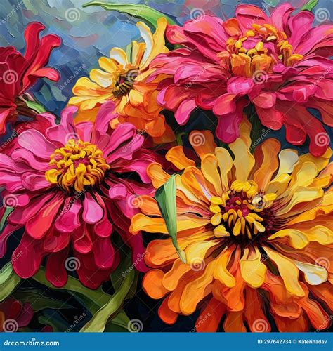 Colorful Zinnia Flowers. Square Digital Oil Painting, Impasto, Printable Wall Art Stock ...