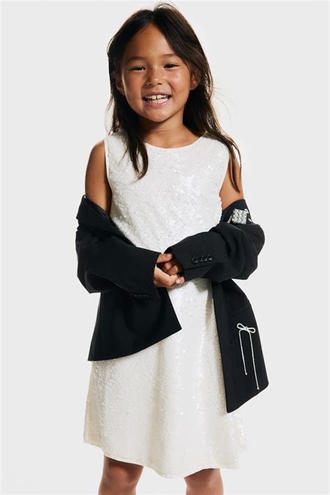 Bow-detail sequined dress - White/Black - Kids | H&M IN