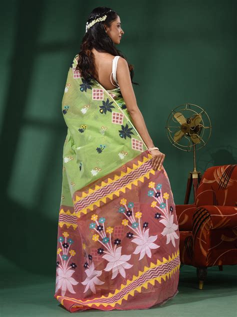 Green Handwoven Dhakai Jamdani Saree With Texture Border – Charukriti