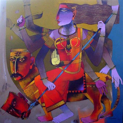 "Mahishamardini": Red Oil Painting by Dayanand Karmakar – ArtZolo.com