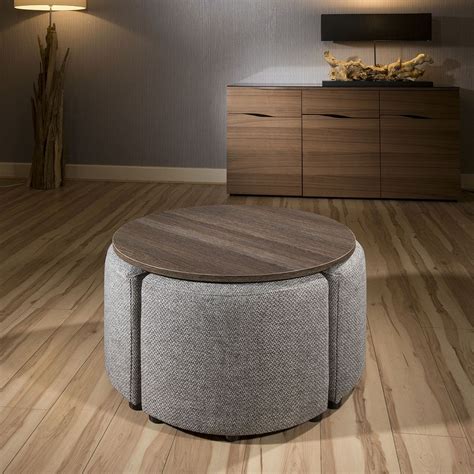 Modern Wenge Round Coffee Table with 4 Grey Cushioned Stools New Joy ...