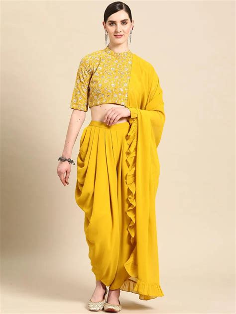 Buy Mustard Embroidered Georgette Dhoti Saree Online at Rs.1699 | Libas