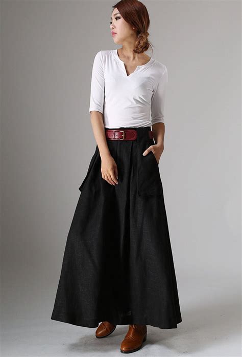 Long Black A Line Skirt, Pockets Skirts, Linen Skirt, Womens Skirts ...