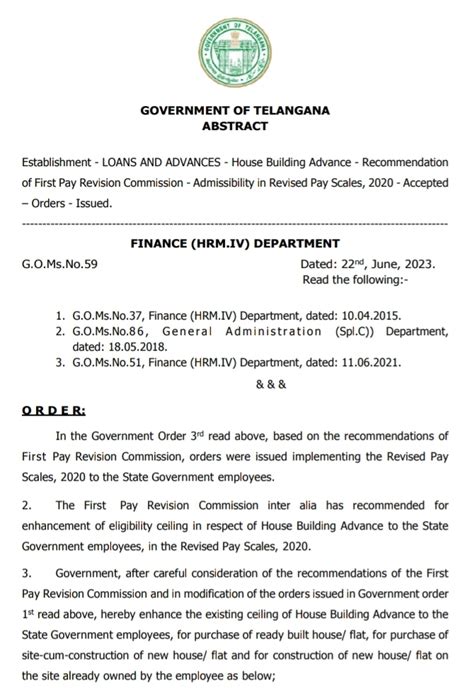 TSPRC- House Building Advance G.O.Ms.No.59 Dated: 22nd, June, 2023.