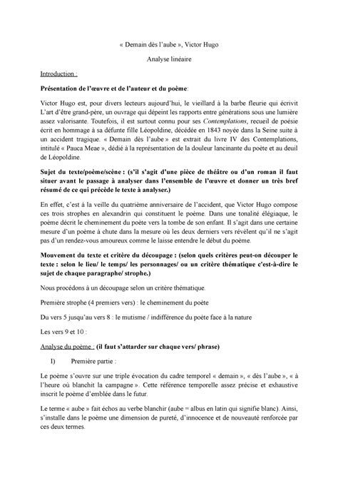 Demain dès l'aube analyse linéaire du poème - « Demain dès l’aube ...