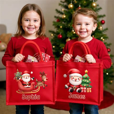 Personalized Cartoon Santa Claus Design Tote Bag with Name, Large Capacity Jute Bag, Holiday ...