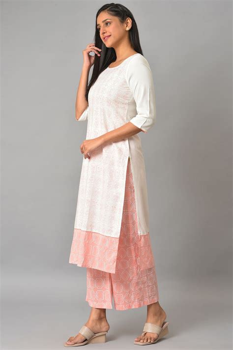 Buy Off-White Floral Printed Kurta With Coral Palazzo Online for Woman ...