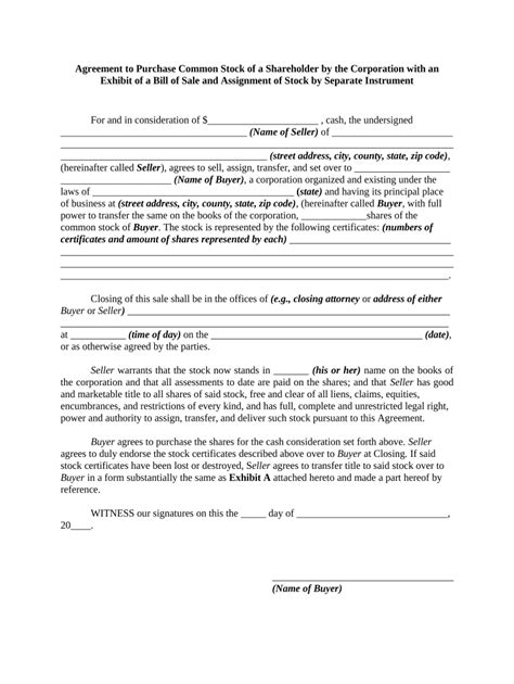 Agreement to Purchase Common Stock of a Shareholder by the Corporation ...