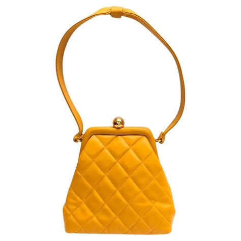 Chanel Mustard Yellow Quilted Lambskin Kiss-Lock Purse Handbag For Sale ...