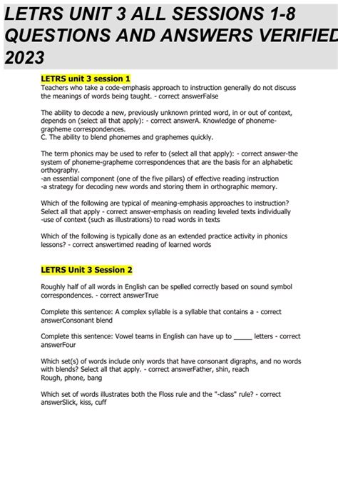 LETRS UNIT 1-8 All Test BUNDLE Sessions 1-8 Questions With Complete ...