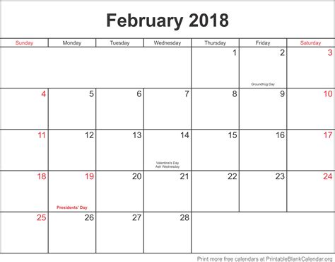 February 2018 Month Calendar - Preschool Calendar Printable